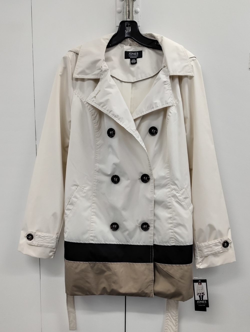 Jones New York Rain Coat with Hood Double Breasted Black and Taupe Colorblock